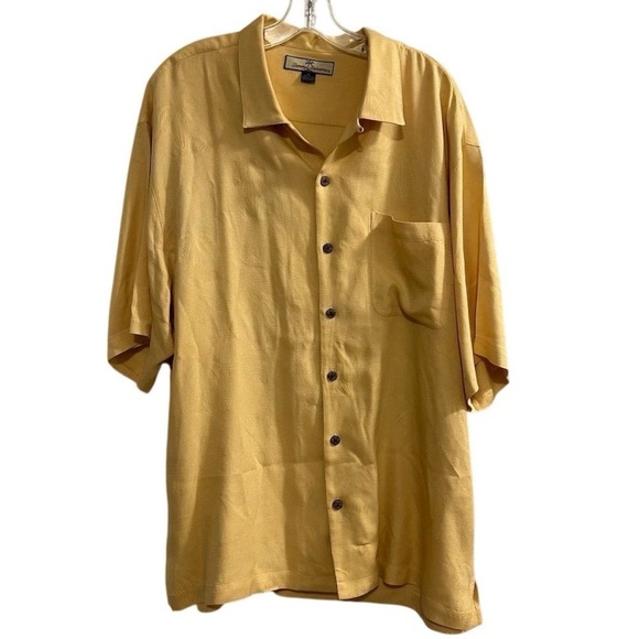 Tommy Bahama Men's XL Yellow Tropical 100% Silk Short Sleeve Button-Up Shirt - Picture 1 of 13